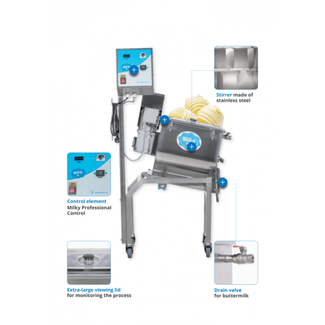 Milky Day Electric Butter Churn FJ32 with wheels and tilting mechanism labeled parts