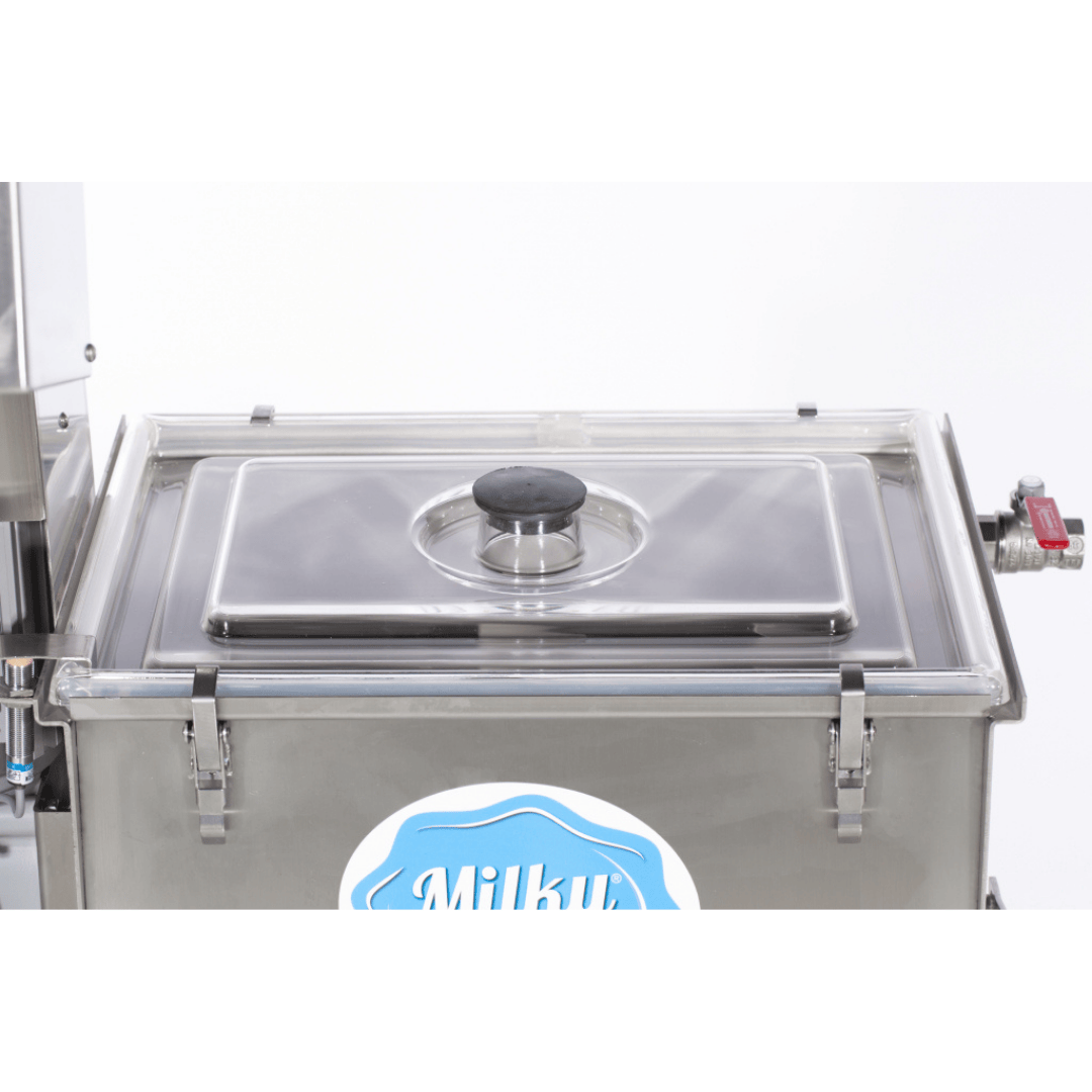 Milky Day Electric Butter Churn FJ32 with wheels and tilting mechanism lid closeup