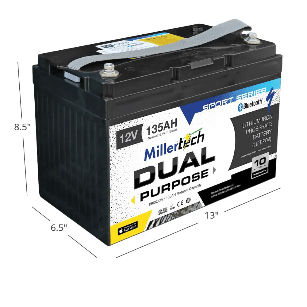 Picture of MillerTech 12V 135AH Sport Series Lithium with Bluetooth (12135-DP) Dimensions
