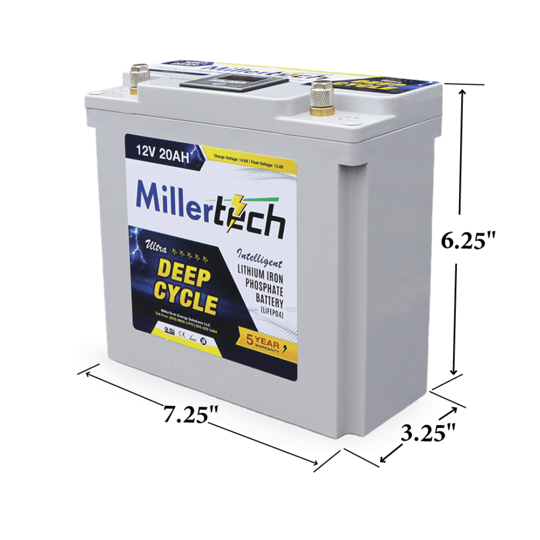 Picture of MillerTech 12V 20AH Intelligent Lithium Iron Phosphate Battery (1220L) Dimensions