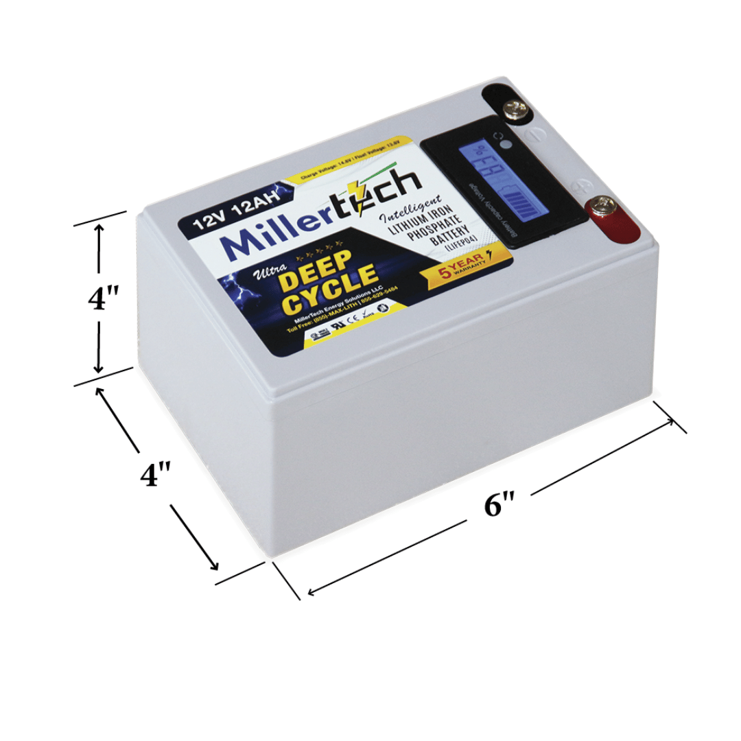 picture of Miller Tech 12V 12AH Intelligent Lithium Iron Phosphate Battery (1212L) Dimensions
