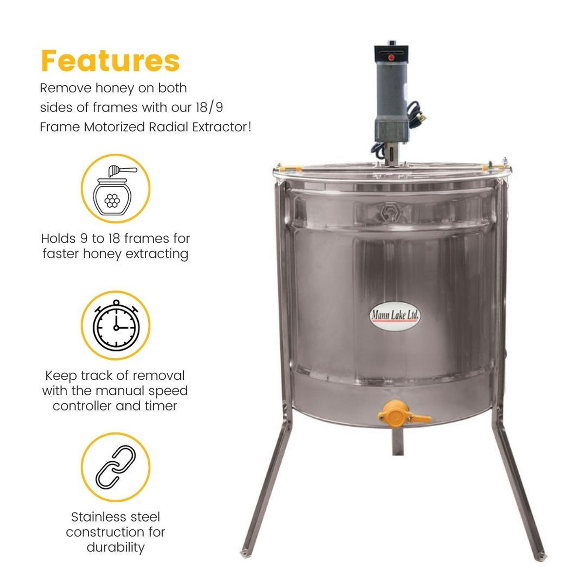 Motorized Radial 18/9 Frame Mann Lake Honey Extractor features