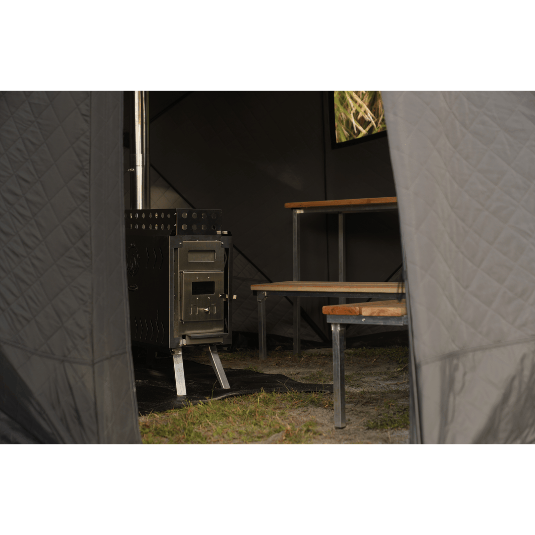 North Shore Sauna Nova 6 Sauna Tent Pro Package (6-person) Interior with Sauna Bench and Sauna Stove