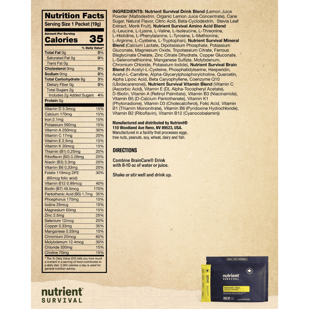 Nutrient Survival - BrainCare drink - Tropical Lemonade Nutrition Facts