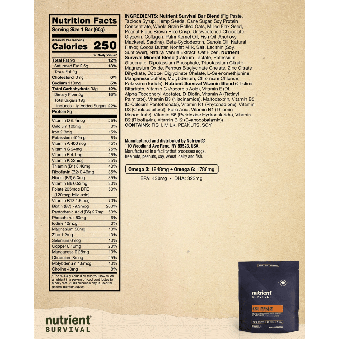 Nutrient Survival - Brain Omega 3 Bar - Fig and Roasted Peanut Nutrition facts