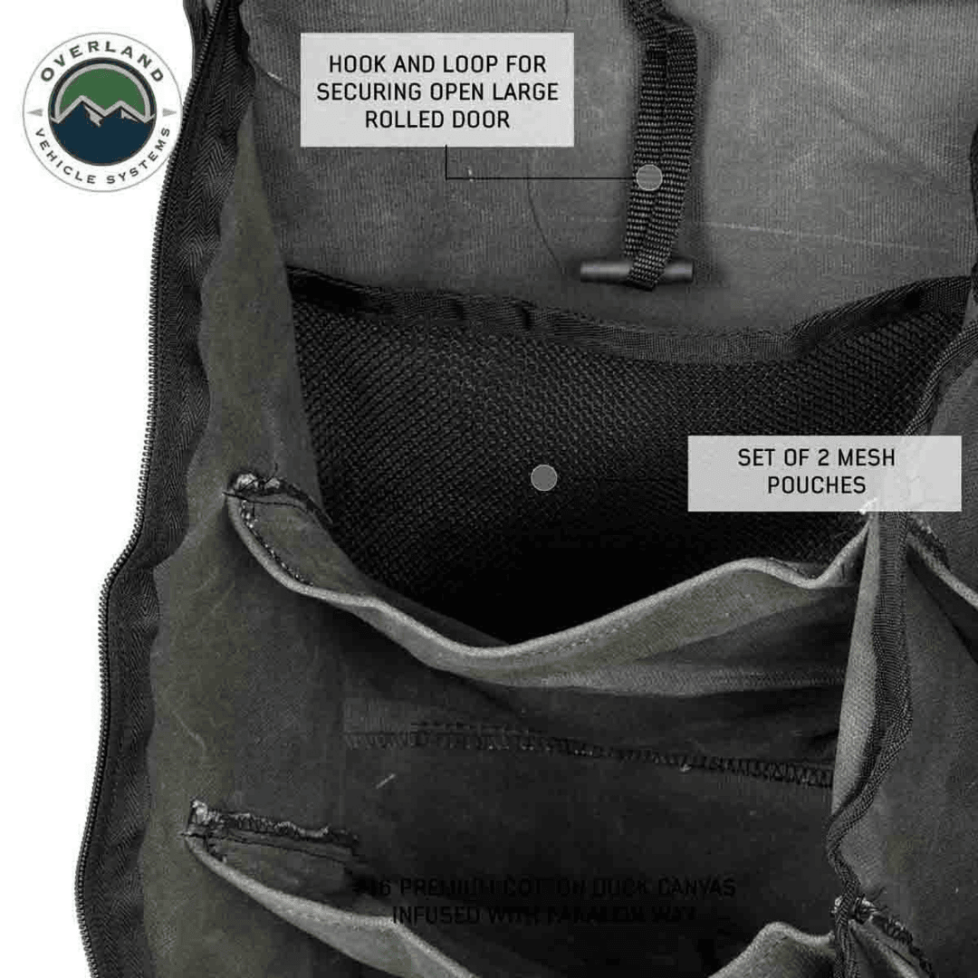 Overland Vehicle Systems Camping Gear Storage Bag closeup of hook and loop and mesh pouches