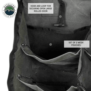 Overland Vehicle Systems Camping Gear Storage Bag closeup of hook and loop and mesh pouches