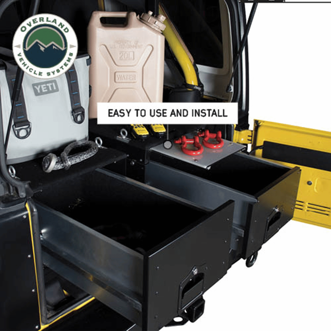 Overland Vehicle Systems Cargo Box With Slide Out Drawer &amp; Working Station Installed on vehicle