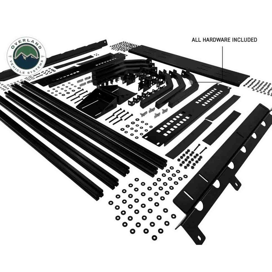 Overland Vehicle Systems Discovery Rack for Mid-Size Truck Short Beds hardware laid out