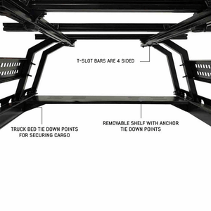 Overland Vehicle Systems Discovery Rack for Mid-Size Truck Short Beds tie down points, removable shelf, and t-slot bars