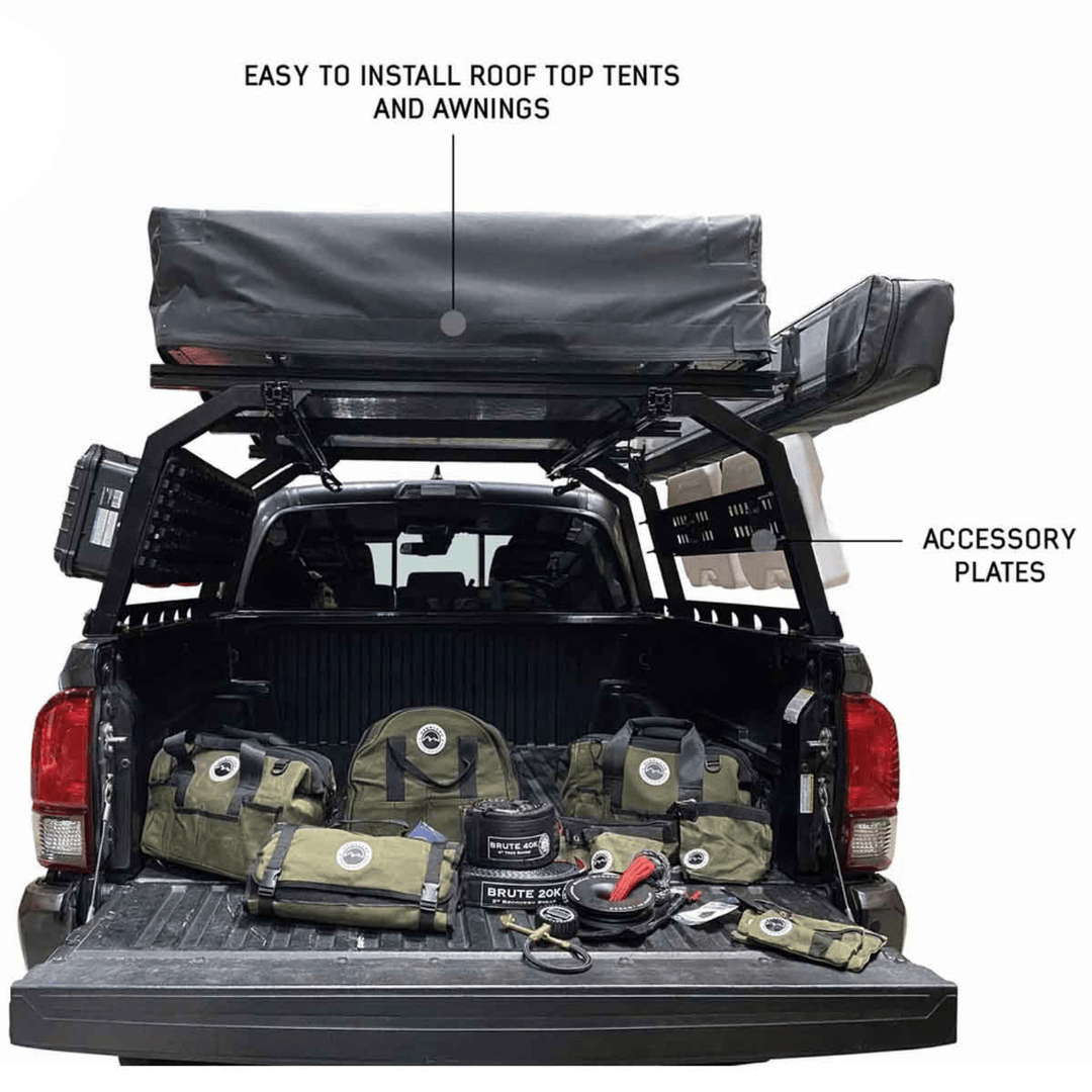 Overland Vehicle Systems Discovery Rack for Mid-Size Truck Short Beds with roof top tent and accessory plates installed