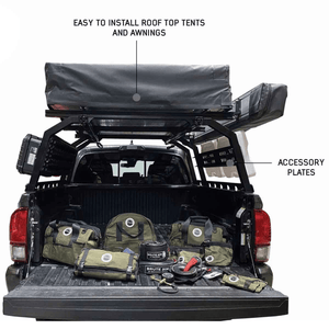 Overland Vehicle Systems Discovery Rack for Mid-Size Truck Short Beds with roof top tent and accessory plates installed
