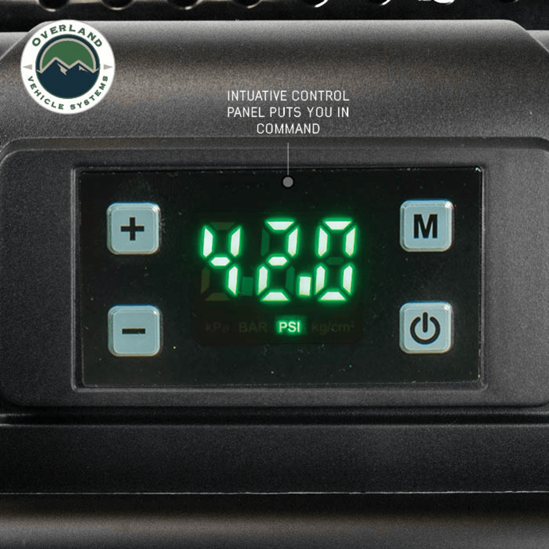 Overland Vehicle Systems EGOI Portable Digital Air Compressor control panel closeup