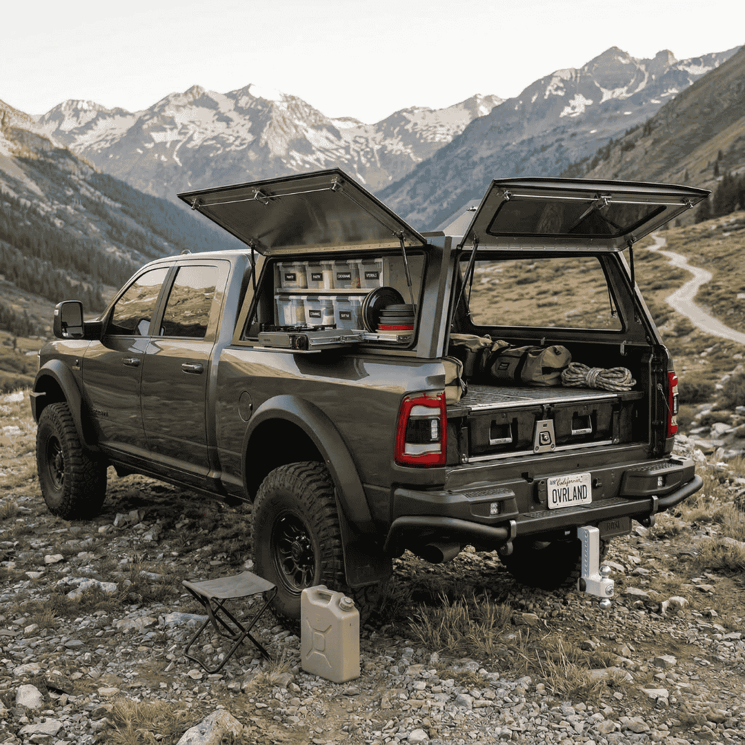 Overland Vehicle Systems Expedition Truck Cap for 2009 to 2026 Ram 2500/3500 - 6.4 ft. Bed parked with panels opened