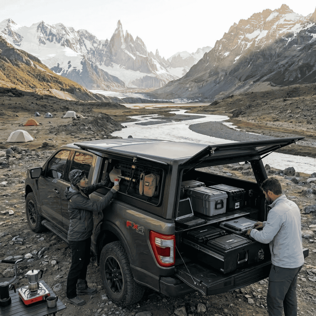 Overland Vehicle Systems Expedition Truck Cap for 2021 to 2026 Ford F-150 5.5 ft. Bed parked with panels opened