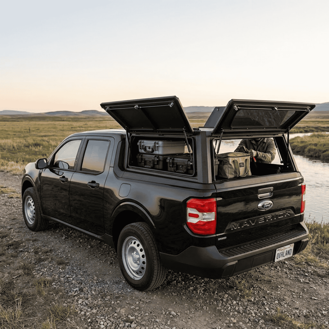 Overland Vehicle Systems Expedition Truck Cap for 2022 to 2026 Ford Maverick - 4.5 ft. Bed parked with panels opened