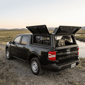 Overland Vehicle Systems Expedition Truck Cap for 2022 to 2026 Ford Maverick - 4.5 ft. Bed parked with panels opened