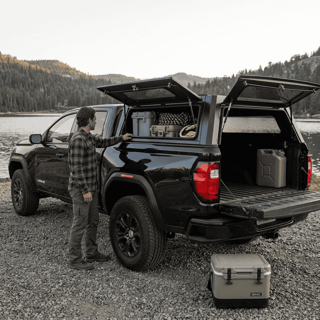 Overland Vehicle Systems Expedition Truck Cap for 2023 to 2026 GM Colorado/Canyon - 5 ft. Bed parked with panels opened