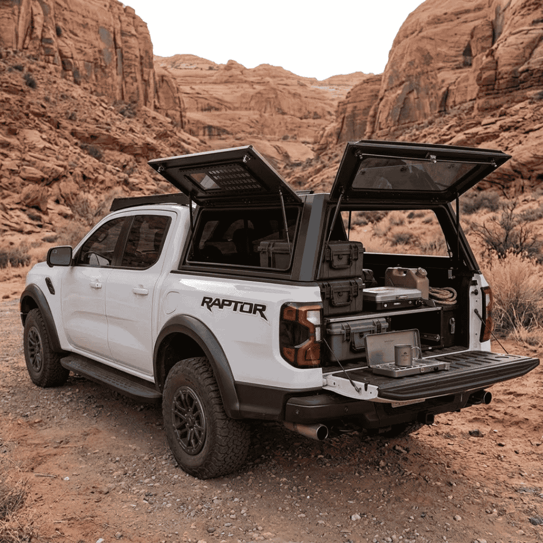 Overland Vehicle Systems Expedition Truck Cap for 2024 to 2026 Ford Ranger - 5 ft. Bed parked with panels opened