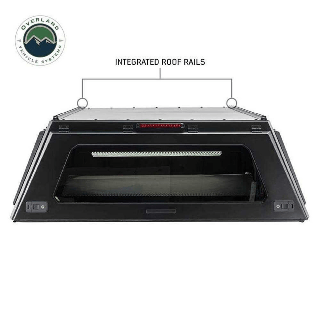 Overland Vehicle Systems Expedition Truck Cap roof rails front view
