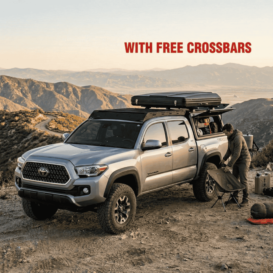 Overland Vehicle Systems Expedition Truck Cap with Full Wing Doors for 2016 to 2023 Toyota Tacoma being set up