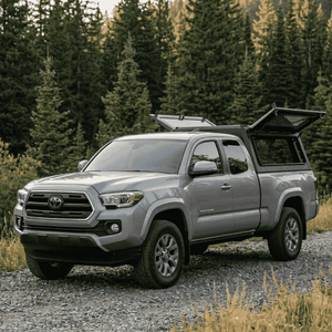 Overland Vehicle Systems Expedition Truck Cap with Sliding Windows for 2016 to 2023 Toyota Tacoma 6 Ft. Bed front view with opened windows