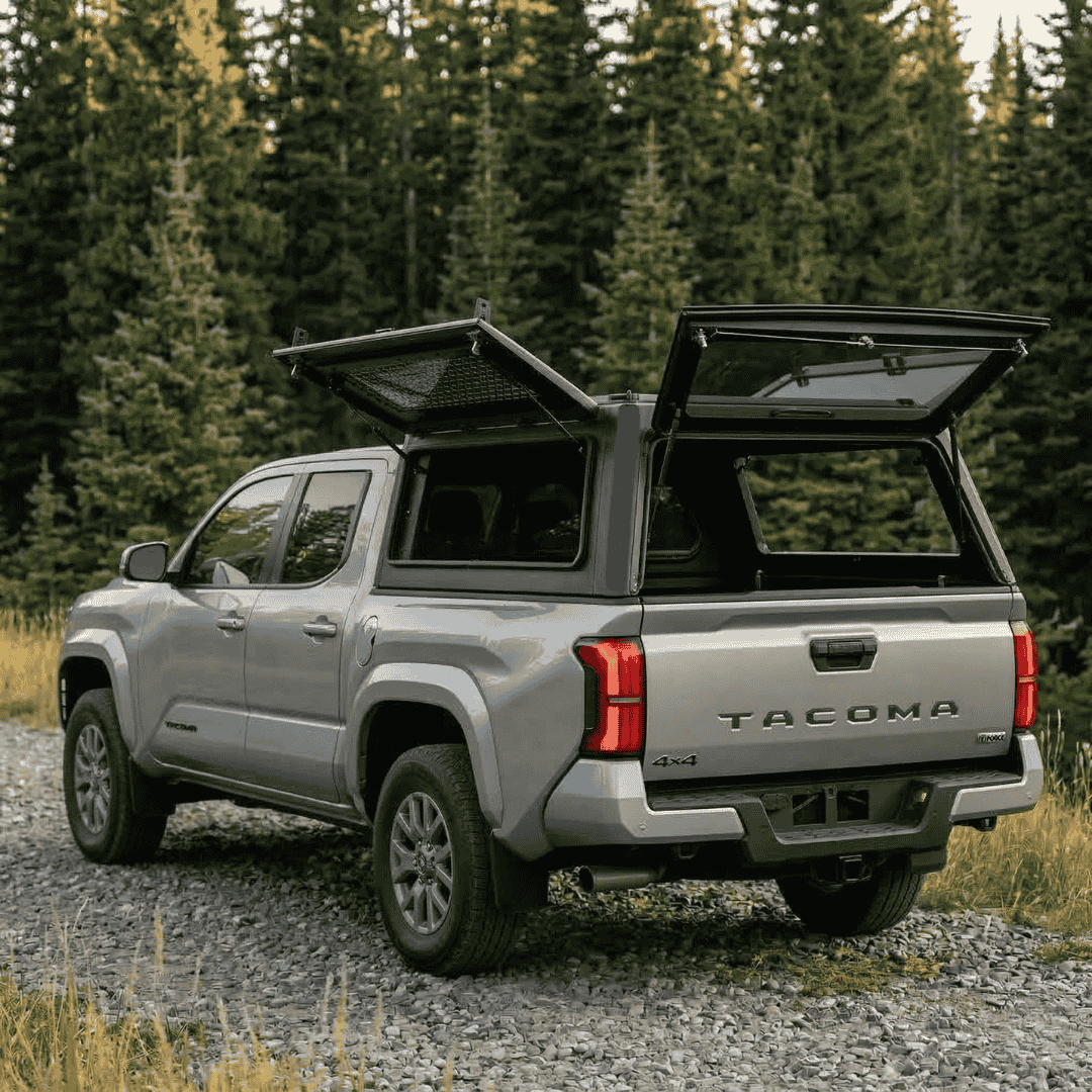 Overland Vehicle Systems Expedition Truck Cap with Sliding Windows for 2024 to 2026 Toyota Tacoma - 5 Ft. Bed back view with opened windows