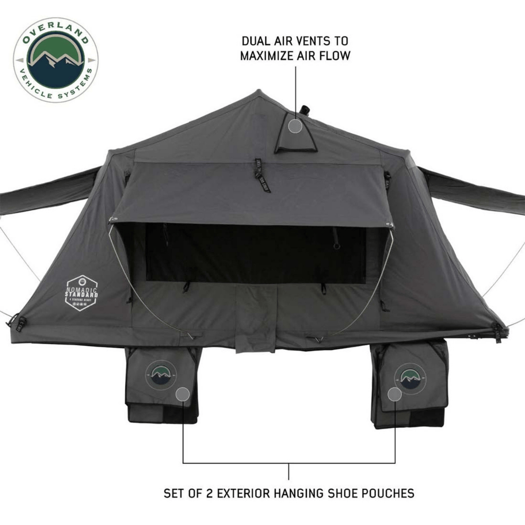 Overland Vehicle Systems HD Nomadic Standard Roof Top Tent dual air vents and shoe pouches