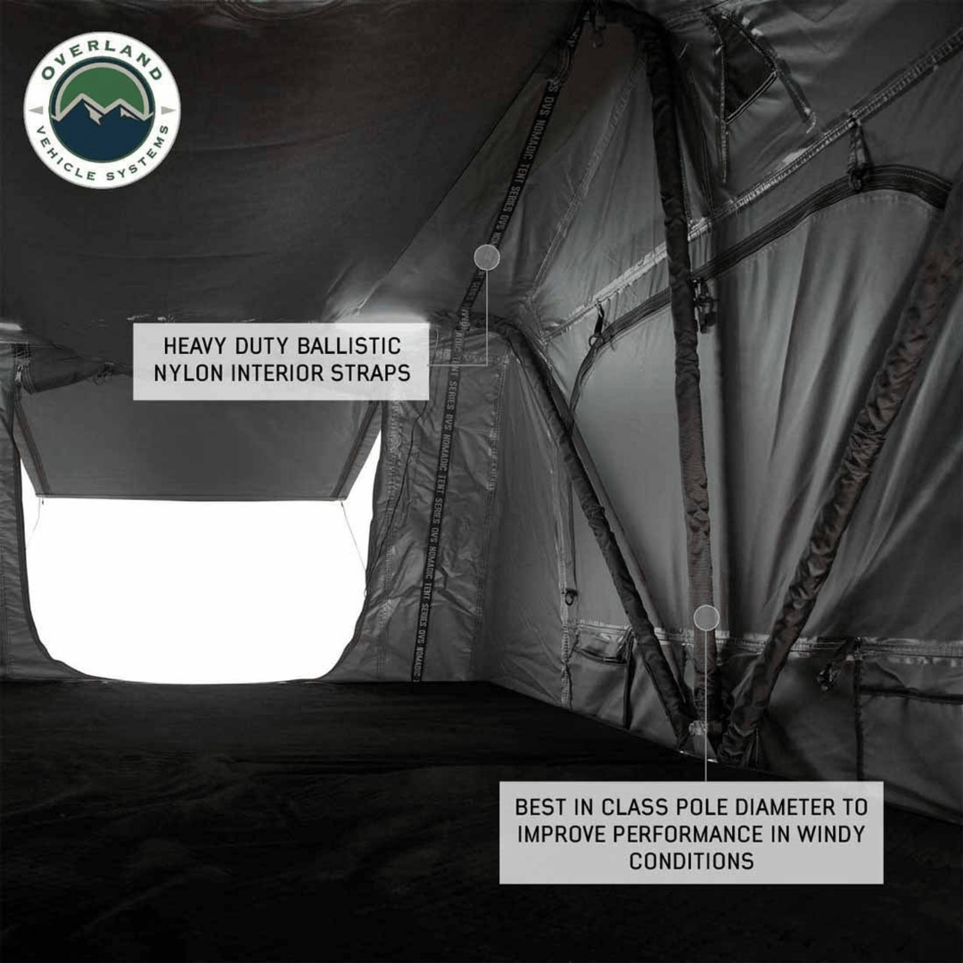 Overland Vehicle Systems HD Nomadic Standard Roof Top Tent nylon interior straps and wind protection