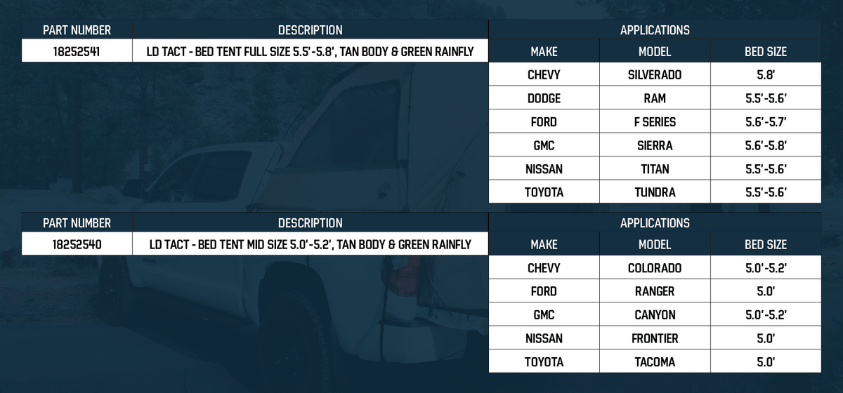 Overland Vehicle Systems LD TACT Truck Bed Tent Size Guide