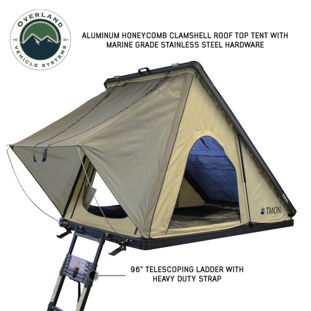 Overland Vehicle Systems LD TMON Clamshell Aluminum Hard Shell Roof Top Tent Ladder and Strap