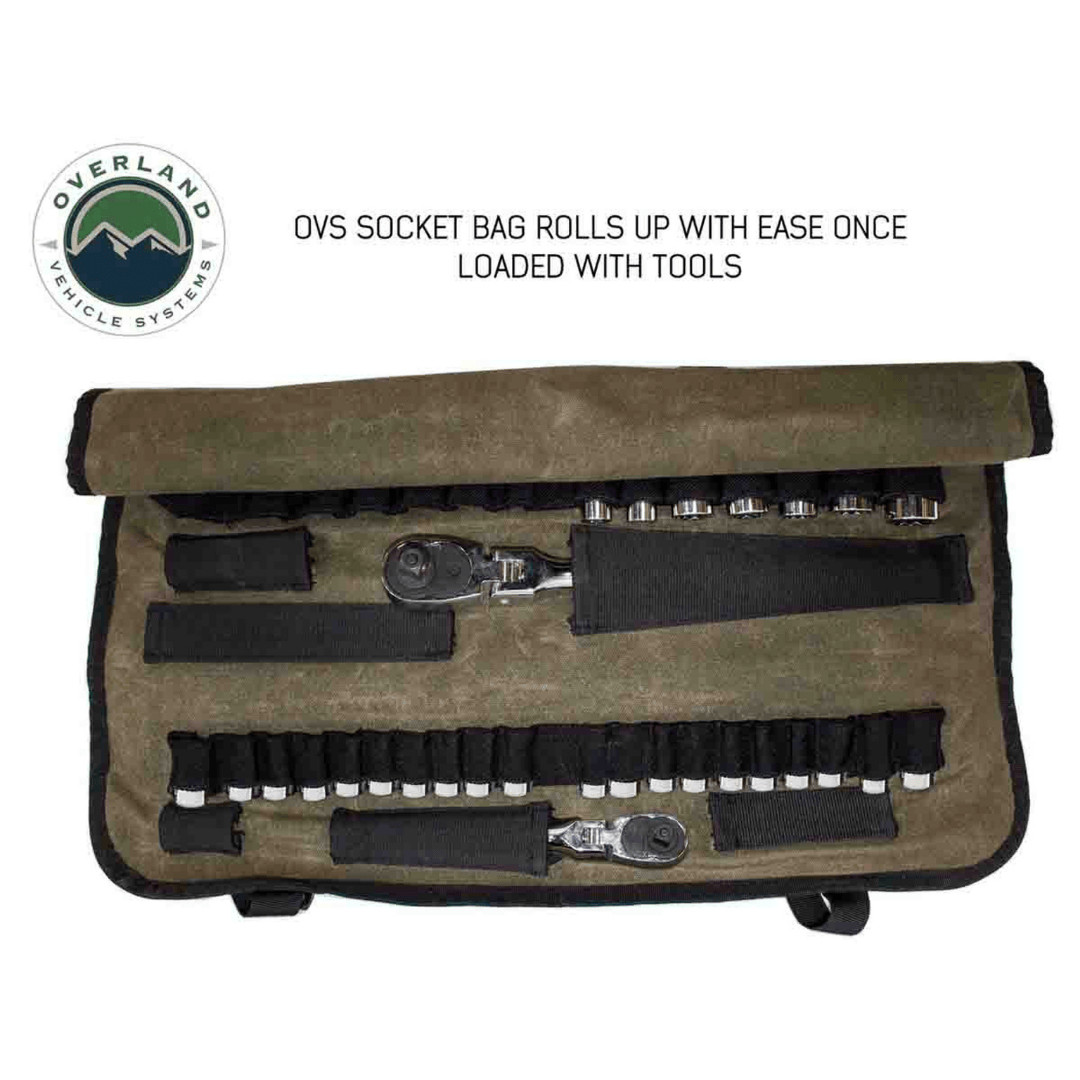 Overland Vehicle Systems Rolled Socket Organizer Storage Bag with filled slots being rolled up