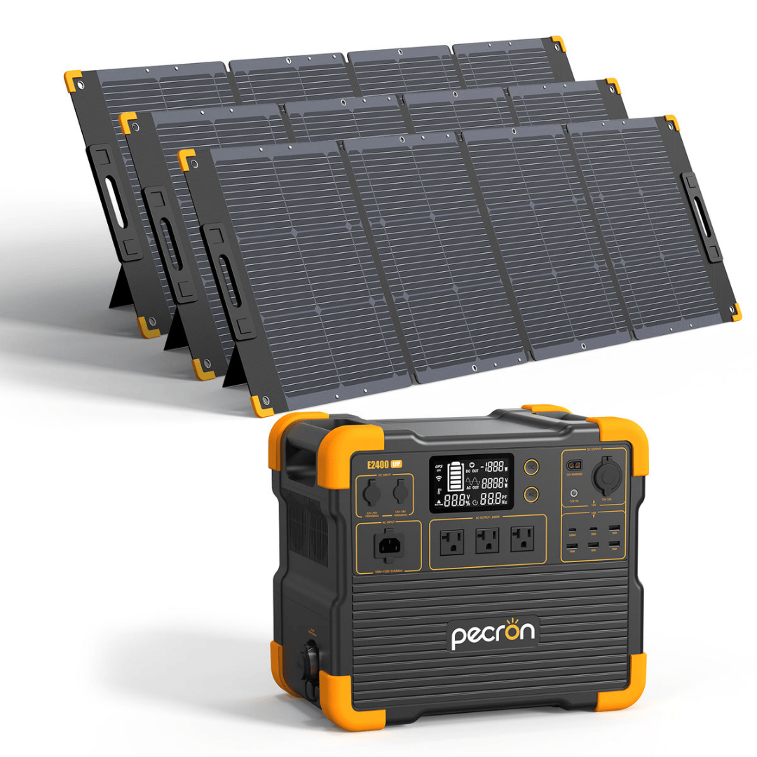PECRON E2400LFP Portable Power Station with three 200W solar panels