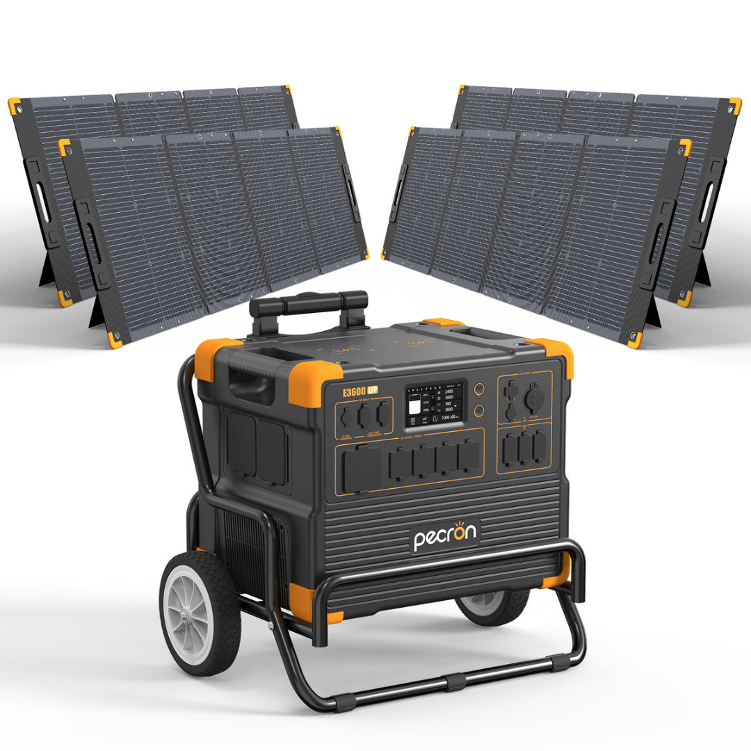 PECRON E3600LFP Portable Power Station with four 300W solar panels and trolley