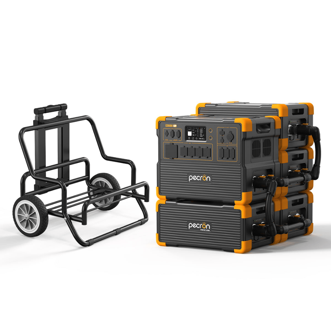 PECRON E3600LFP Portable Power Station with four EP3000-48V Batteries and trolley