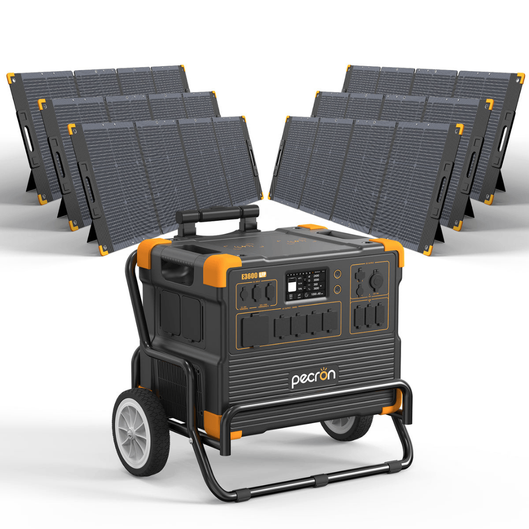 PECRON E3600LFP Portable Power Station with six 300W solar panels and trolley
