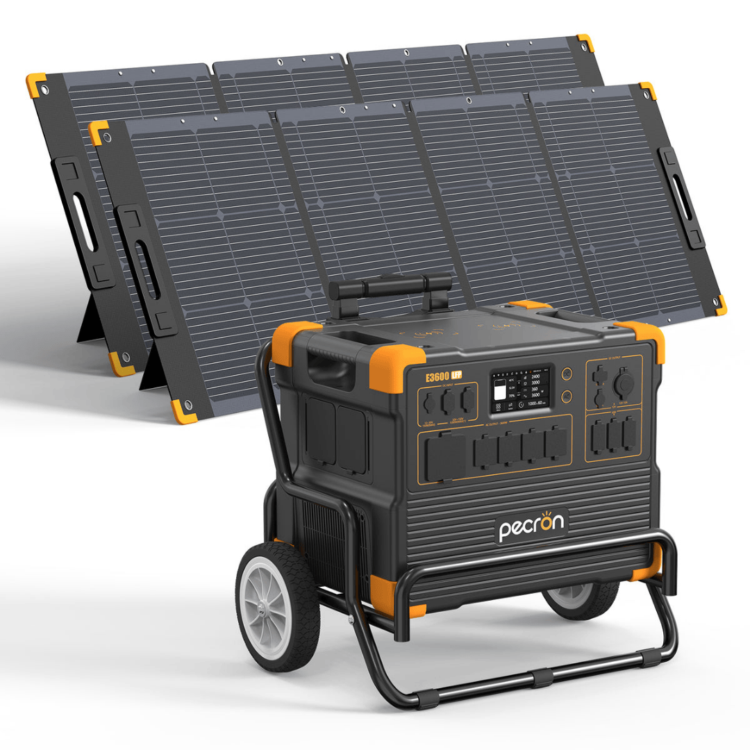 PECRON E3600LFP Portable Power Station with two 300W solar panels and trolley