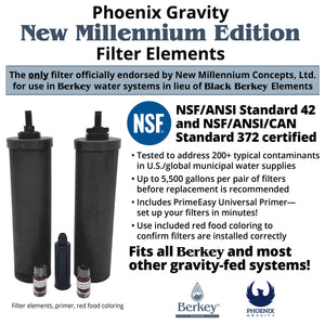 Phoenix Gravity New Millennium Edition™ Filter Elements: NSF/ANSI 42 and NSF/ANSI/CAN 372 certified, up to 5,500 gallons per pair