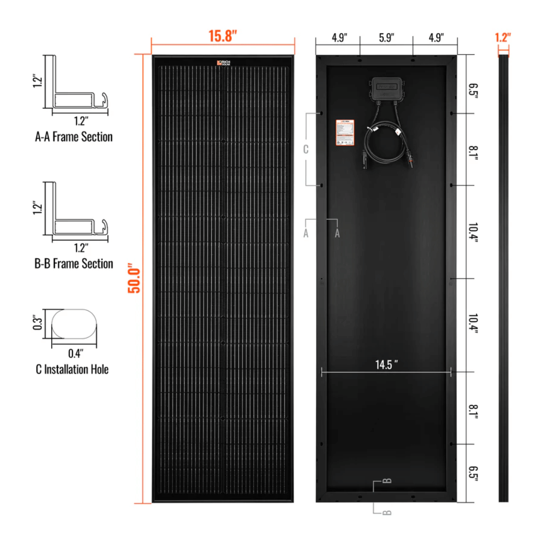Rich Solar - 100 Watt Slim Mono Solar Panel Black Dimensions