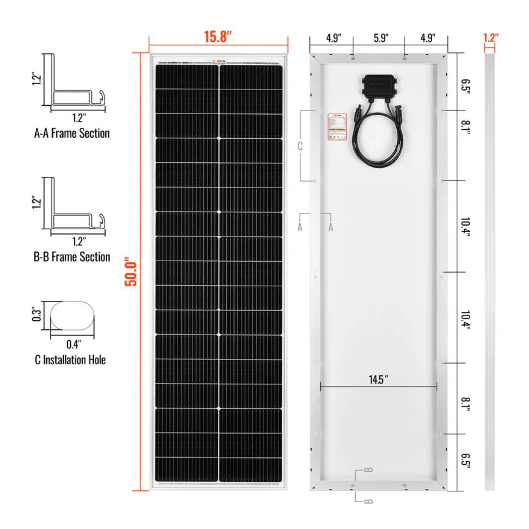 Rich Solar - 100 Watt Slim Mono Solar Panel Dimensions