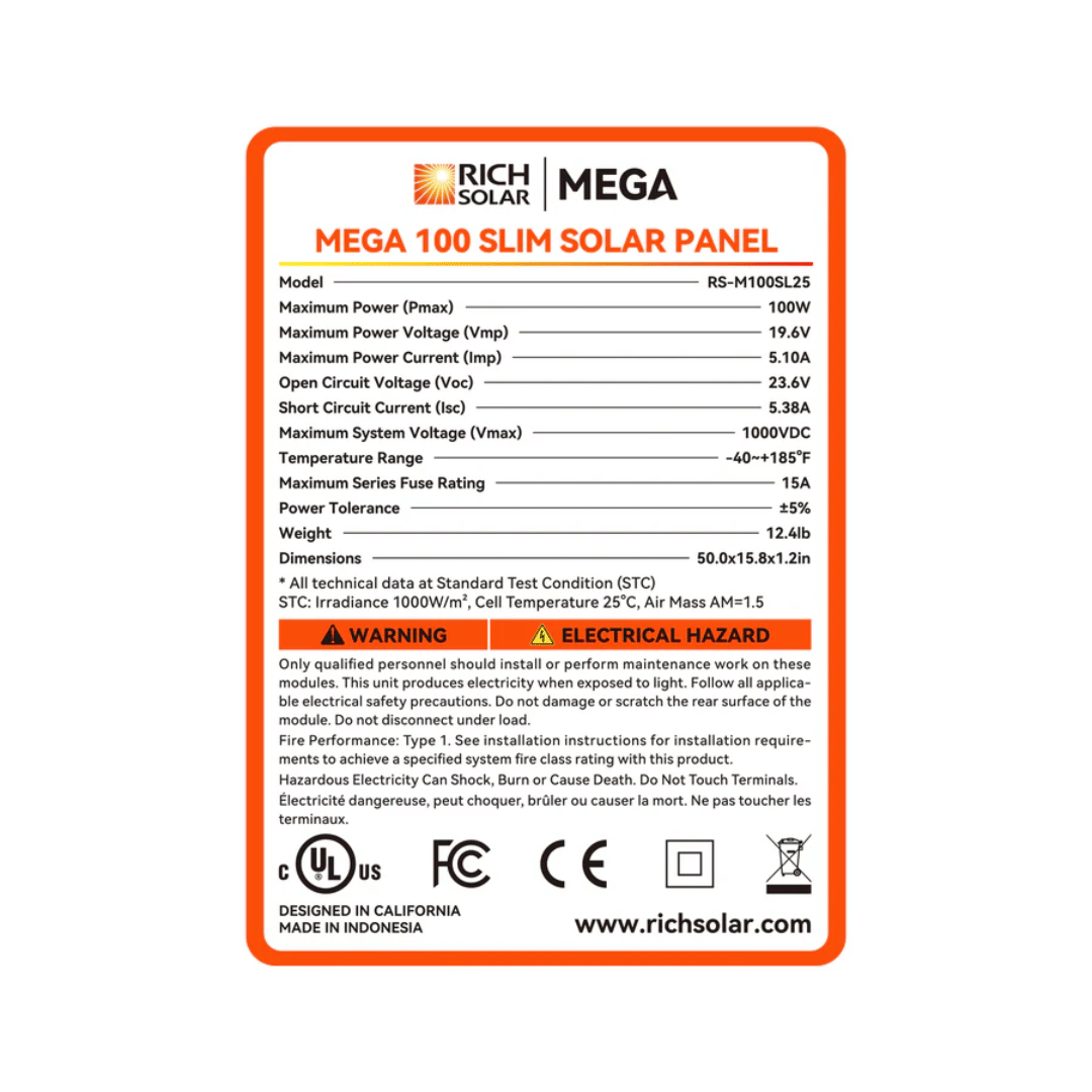 Rich Solar - 100 Watt Slim Mono Solar Panel Specs
