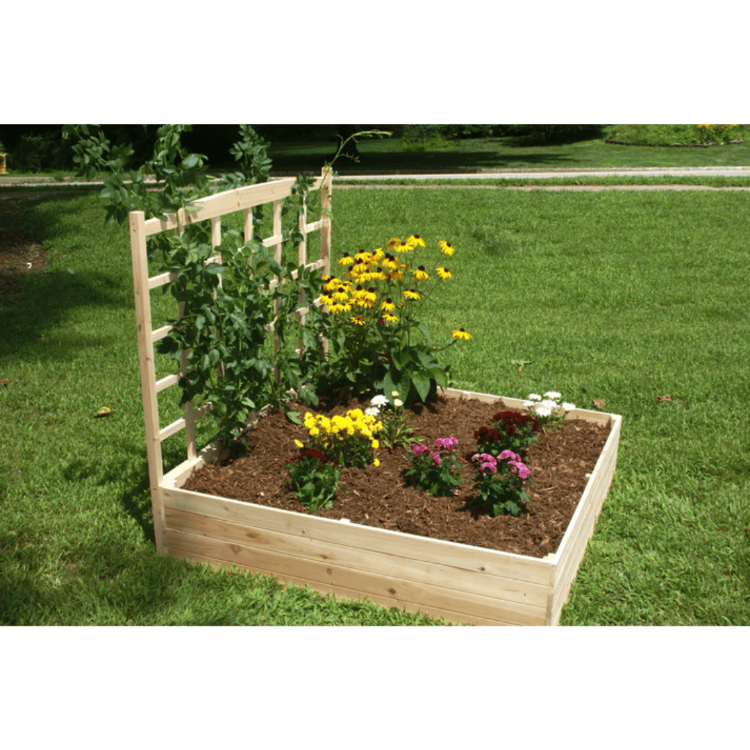Riverstone EDEN Raised Garden Bed with Trellis set up in backyard