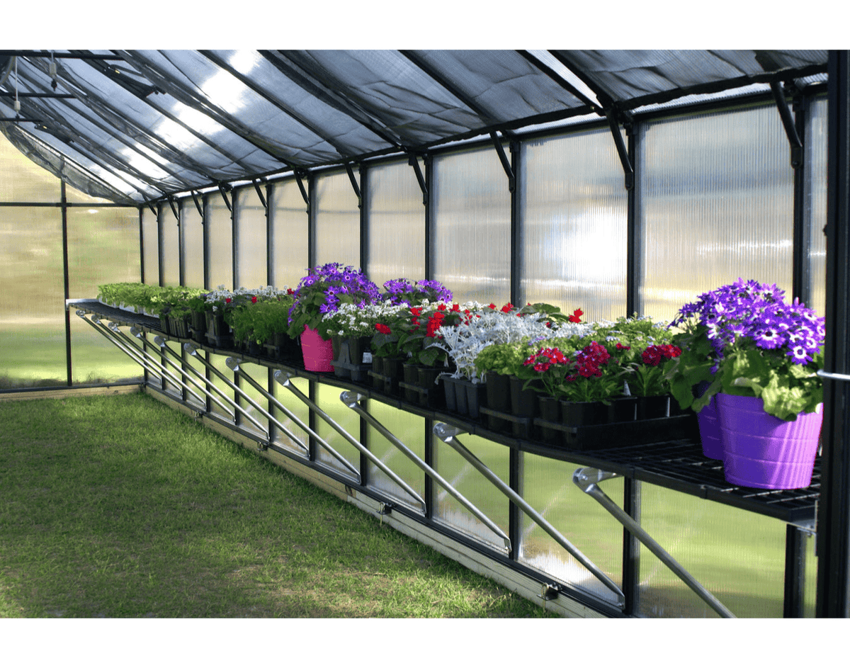 Riverstone MONT Greenhouse Work Bench with flowers