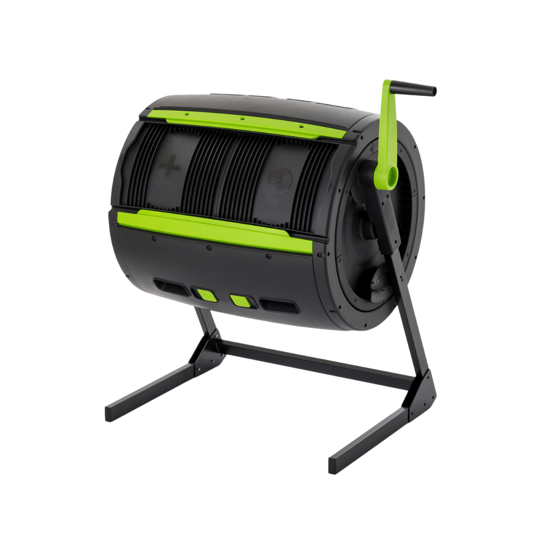 Riverstone Maze 65 Gallon Compost Tumbler closed angled view