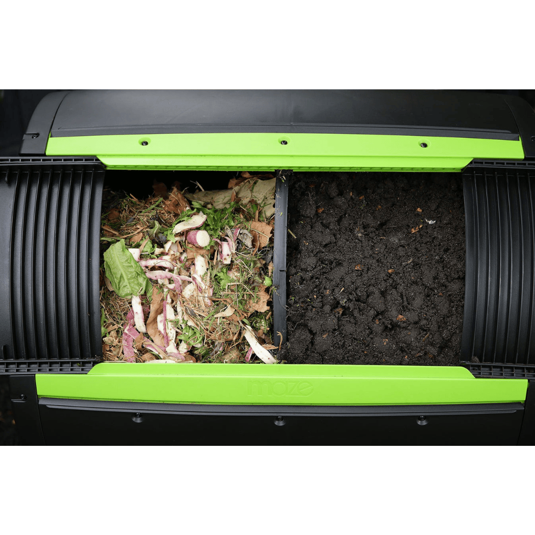 Riverstone Maze 65 Gallon Compost Tumbler filled