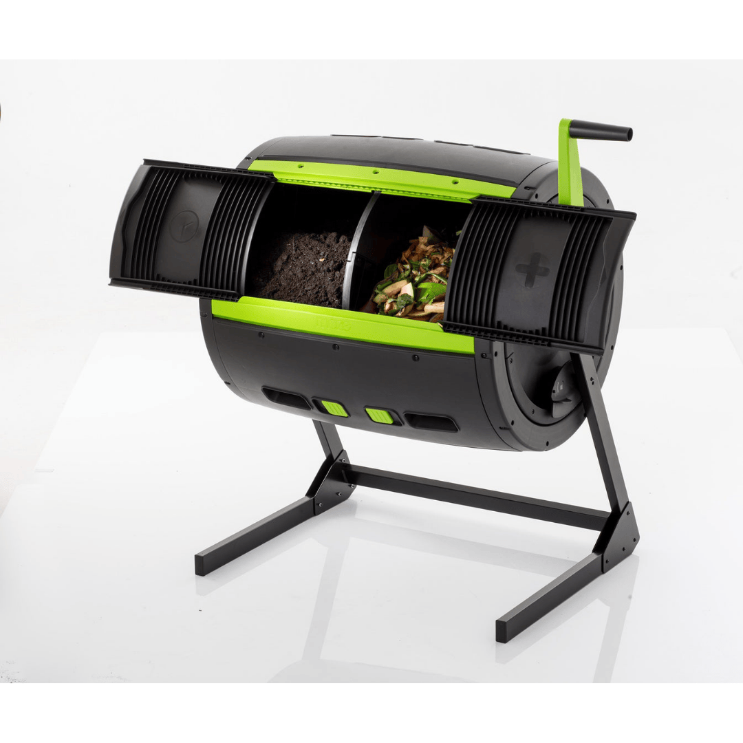 Riverstone Maze 65 Gallon Compost Tumbler opened and filled