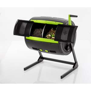 Riverstone Maze 65 Gallon Compost Tumbler opened and filled
