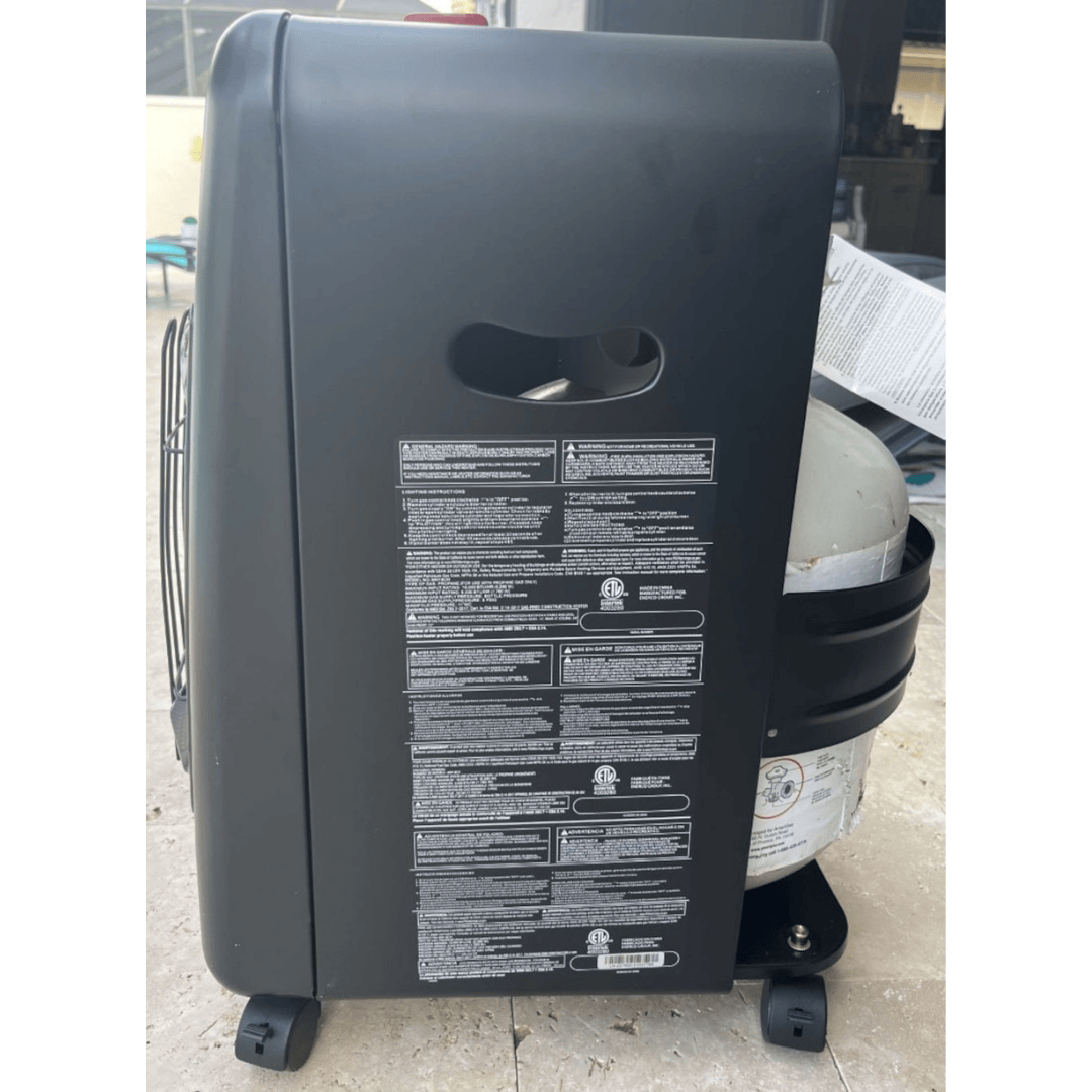 Riverstone Portable Propane Radiant Heater for Patio side view with propane tank