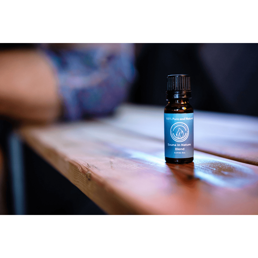 Sauna in Nature Essential Oil Blend Bottle on Bench