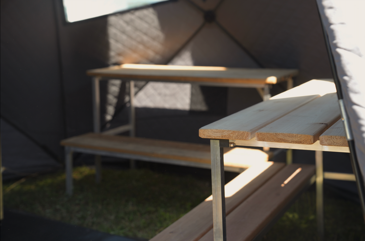 Picture of North Shore Portable Sauna Bench Set up inside Sauna Tent
